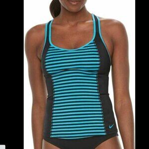 Nike Women’s Black and Teal Striped Tankini Top
